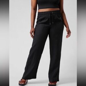 Athleta Cabo Linen Wide Leg Pant Black Sz 8 Drawstring Beach Travel Resortwear